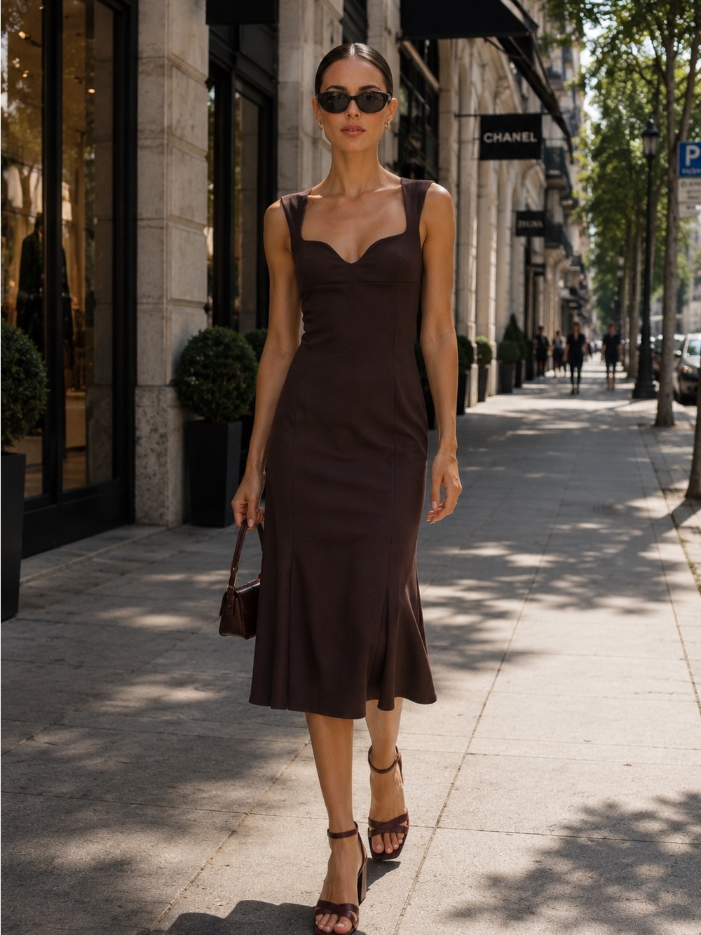 Zara Sweetheart Neckline Midi Dress Chocolate Brown Flared Hem NWT M